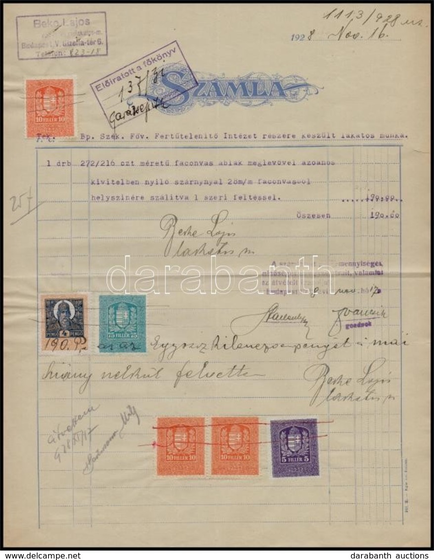 1928 Bp. V., Beko Lajos Lakatos Fejléces Számlája Okmánybélyegekkel - Zonder Classificatie