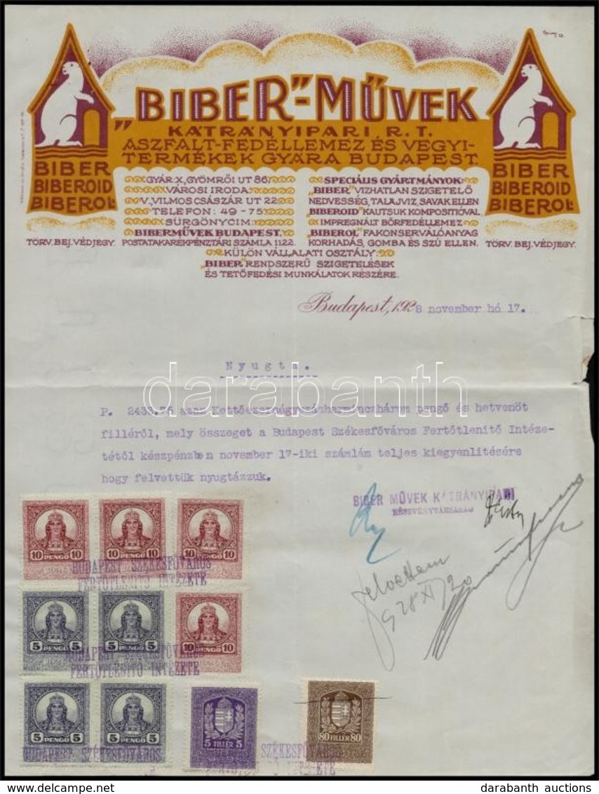 1928 Bp., 'Biber'-Művek Kátrányipari Rt. Díszes Fejléces Levélpapírjára írt Nyugta Okmánybélyegekkel - Zonder Classificatie