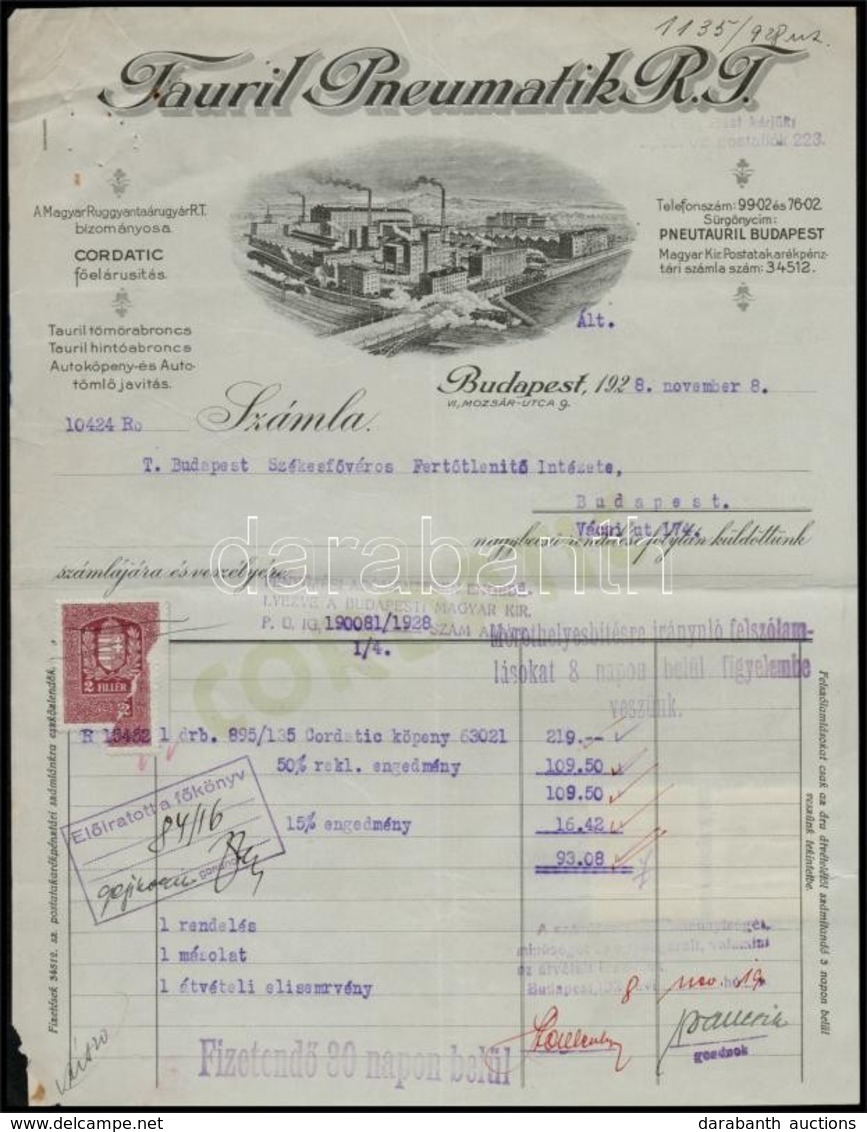 1928 Bp., Tauril Pneumatik Rt. Díszes Fejléces Számlája, Rajta A Gyár Látképével, Okmánybélyegekkel - Zonder Classificatie
