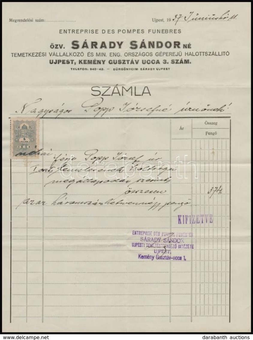 1937 özv. Sárady Sándorné Temetkezési Vállalkozó Fejléces Számlája Okmánybélyeggel - Zonder Classificatie