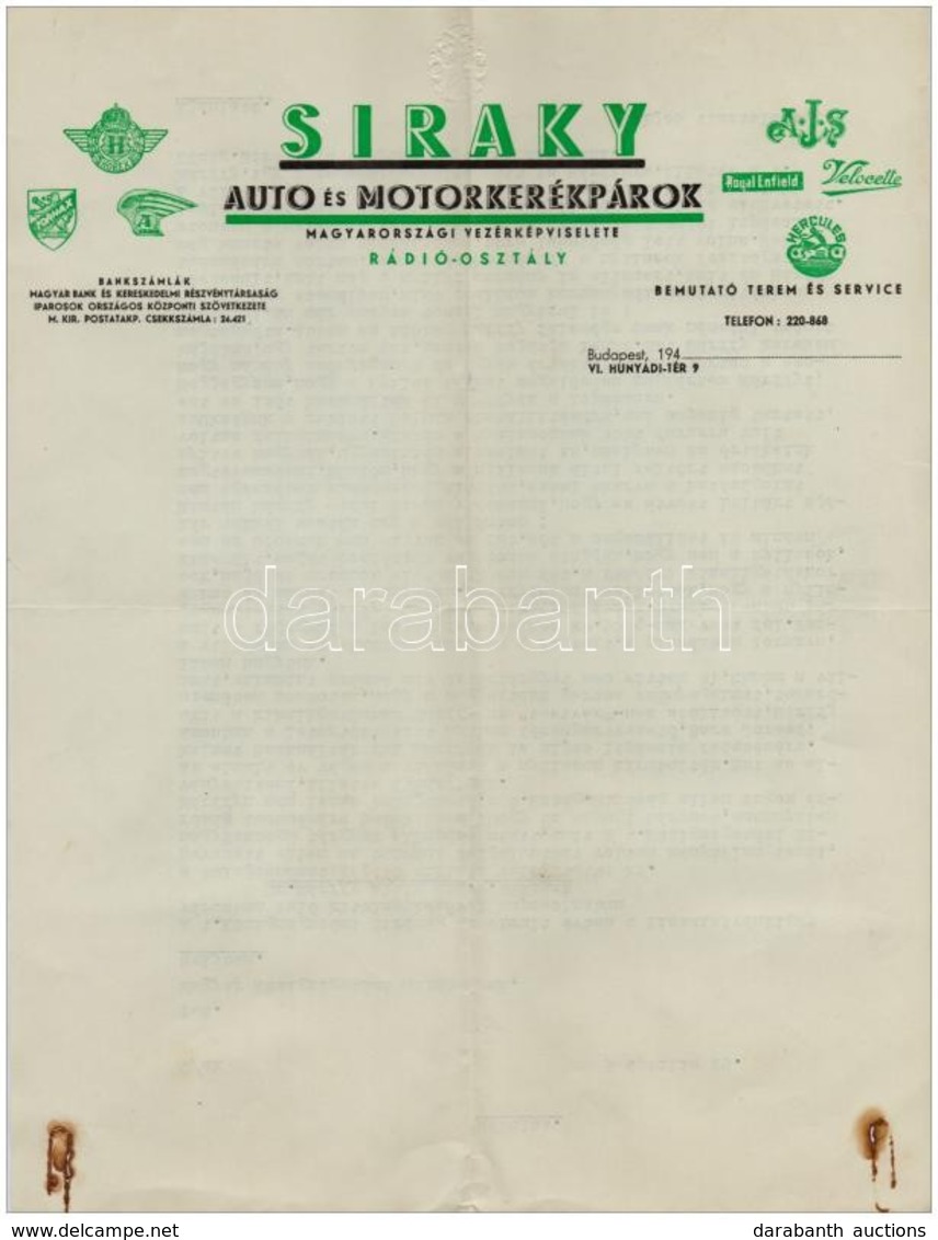 Cca 1940 Bp., Siraky Auto és Motorkerékpárok Fejléces Levélpapírja, Hátoldalon Gépelt Levéllel - Zonder Classificatie