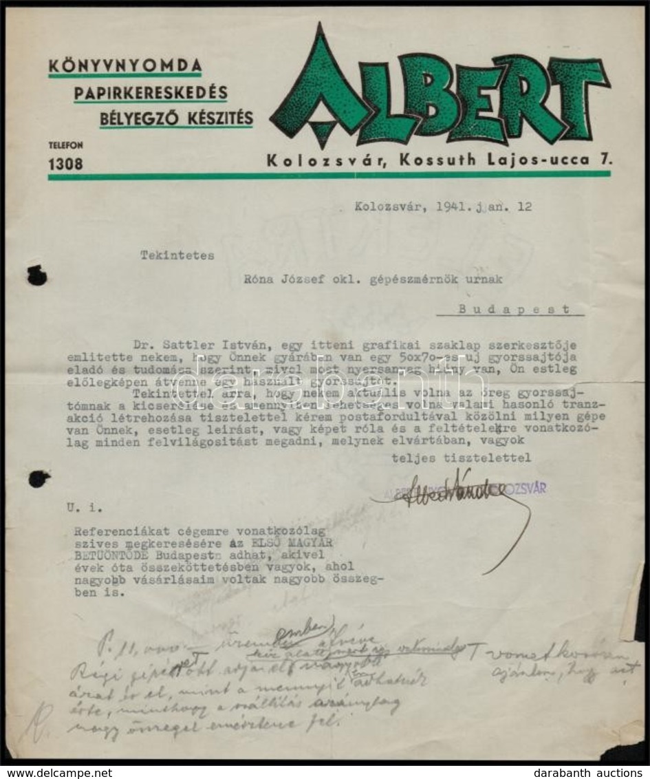1941 Kolozsvár, Albert Könyvnyomda Papírkereskedés Fejléces Levélpapírjára írt Levél - Zonder Classificatie