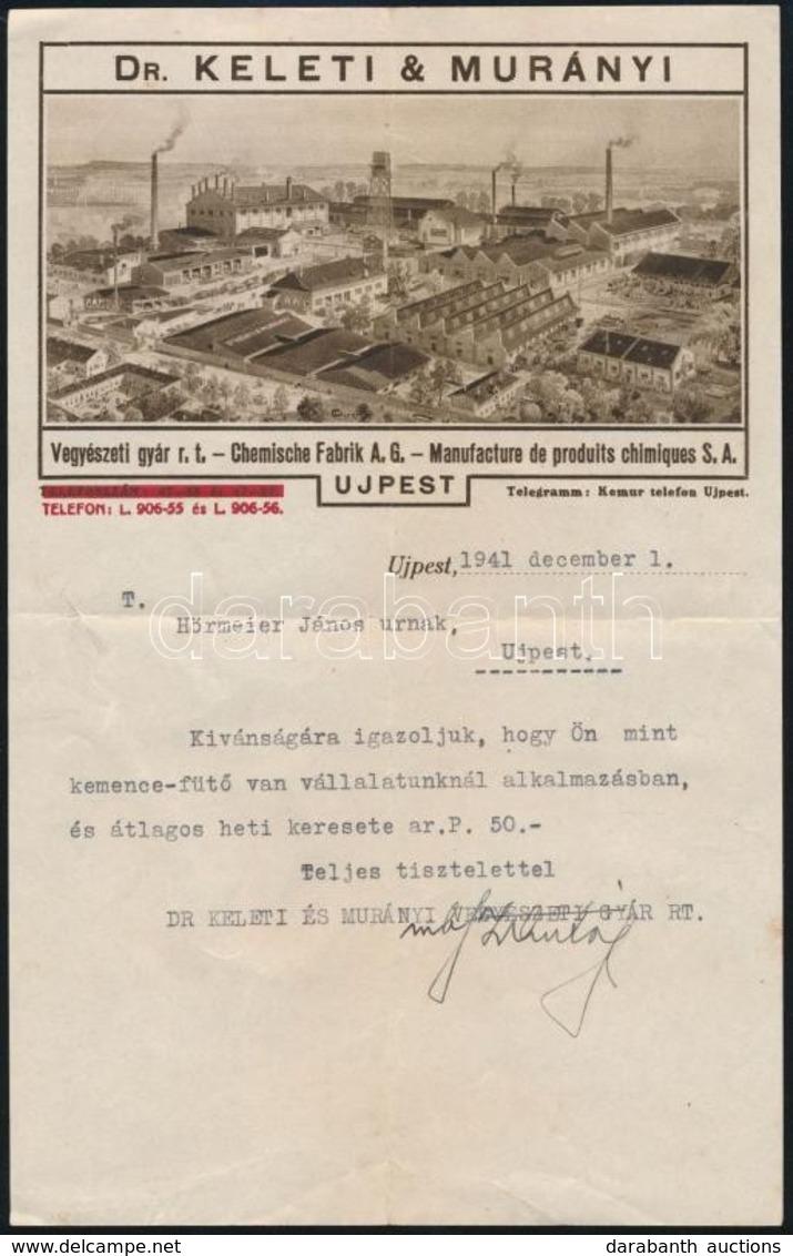 1941 Újpest, A Dr. Keleti & Murányi Vegyészeti Gyár Munkaigazolása Díszes Fejléces Papíron - Zonder Classificatie