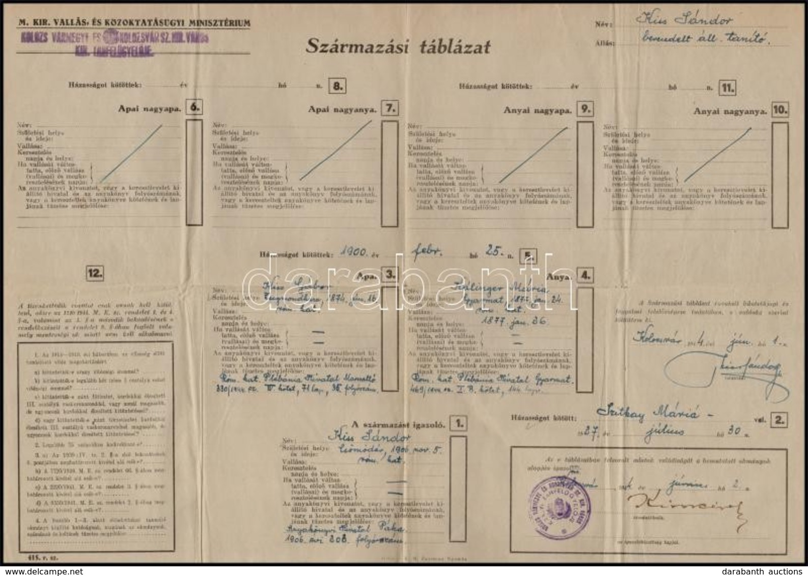 1944 Kolozsvári állami Tanító Származási Igazolása - Zonder Classificatie