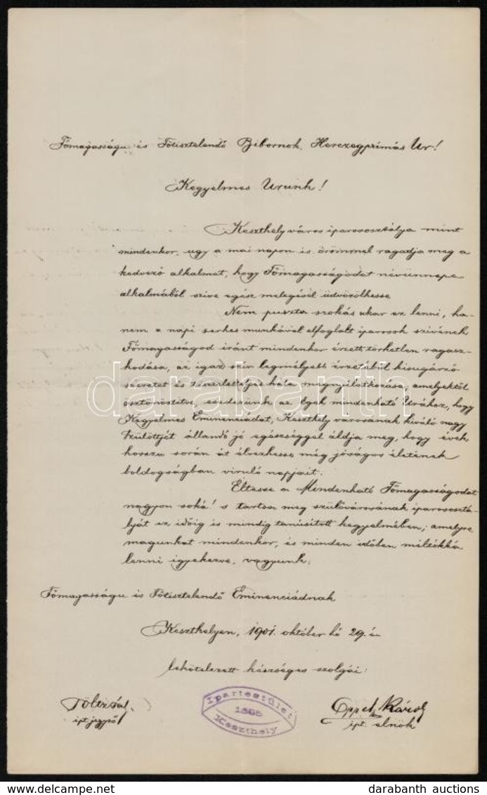 1901 Keszthely, A Keszthelyi Ipartestület üdvözlő Levele Vaszary Kolos Bíboros Névnapjára, A Bíboros éltetésével, Oppel  - Non Classés