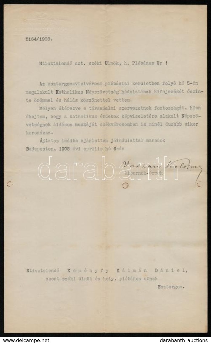 1908 Bp., Vaszary Kolos (1832-1915) Bíboros Saját Kézzel Aláírt Levele Keményfy Kálmán Dániel, A Frissen Alakult Katolik - Zonder Classificatie