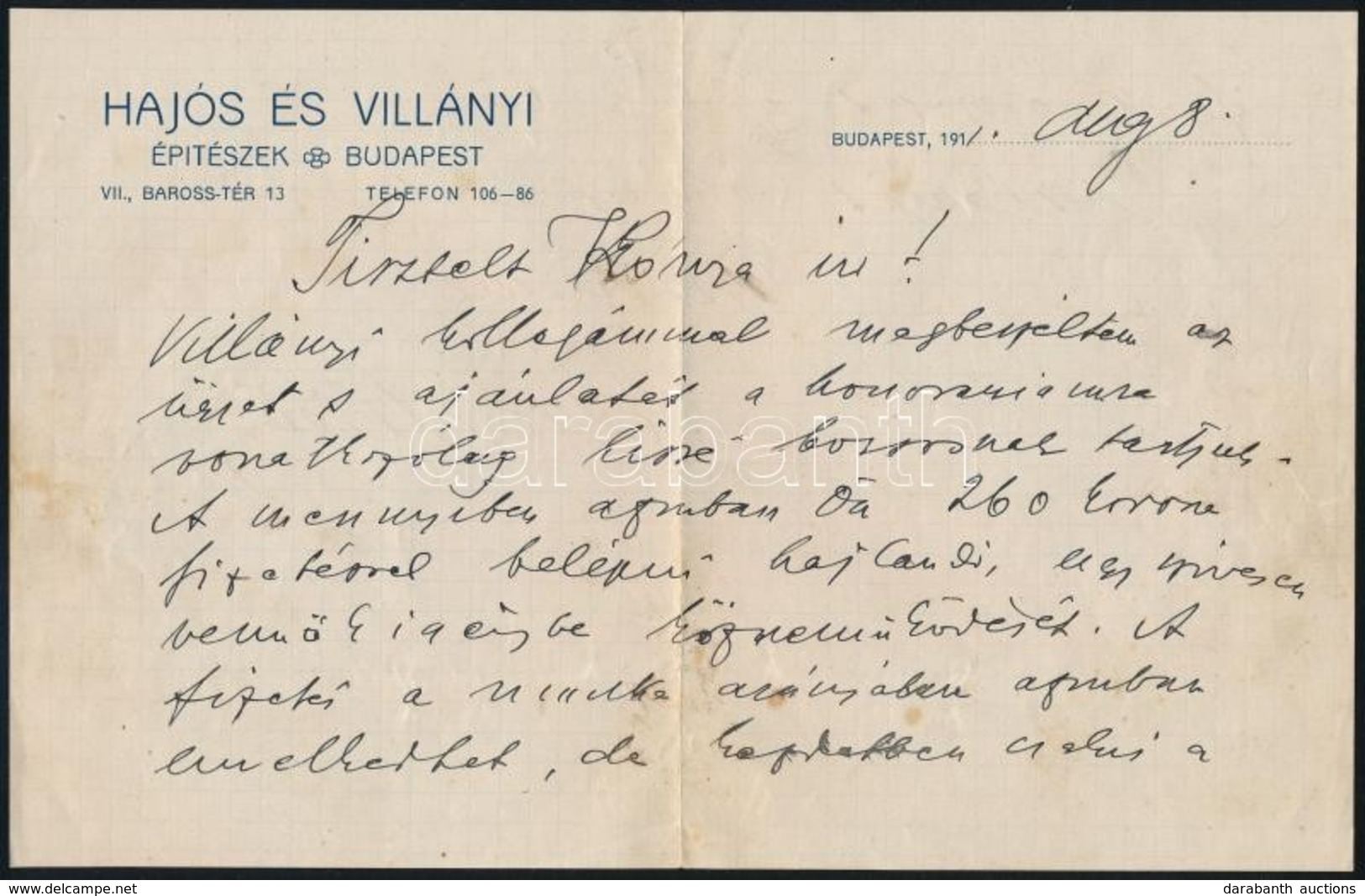 1911 Hajós Alfréd (1878-1955) Olimpiai Bajnok, építészmérnök Kézzel írt Levele üzleti ügyben, 'Hajós és Villányi' Fejléc - Zonder Classificatie