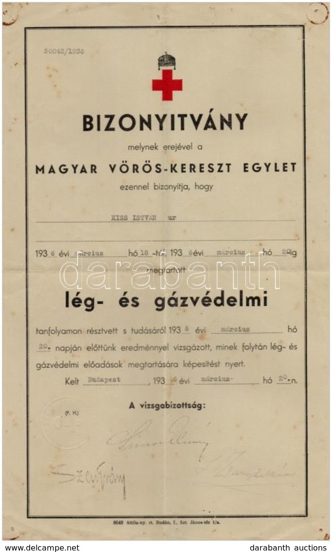 1936 A Magyar Vöröskereszt Egylet által Kiállított Lég- és Gázvédelmi Bizonyítvány - Reclame