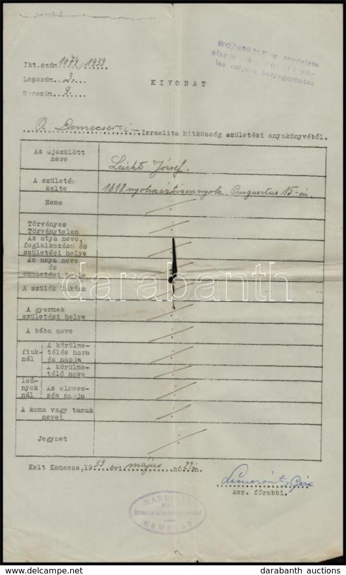 1939 Kemecse, Izraelita Születési Anyakönyvi Kivonat - Andere & Zonder Classificatie