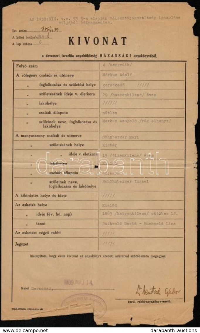 1939 Devecser, Házzasági Anyakönyvi Kivonat Deutsch Gábor (1909-1944) Rabbi Aláírásával - Andere & Zonder Classificatie
