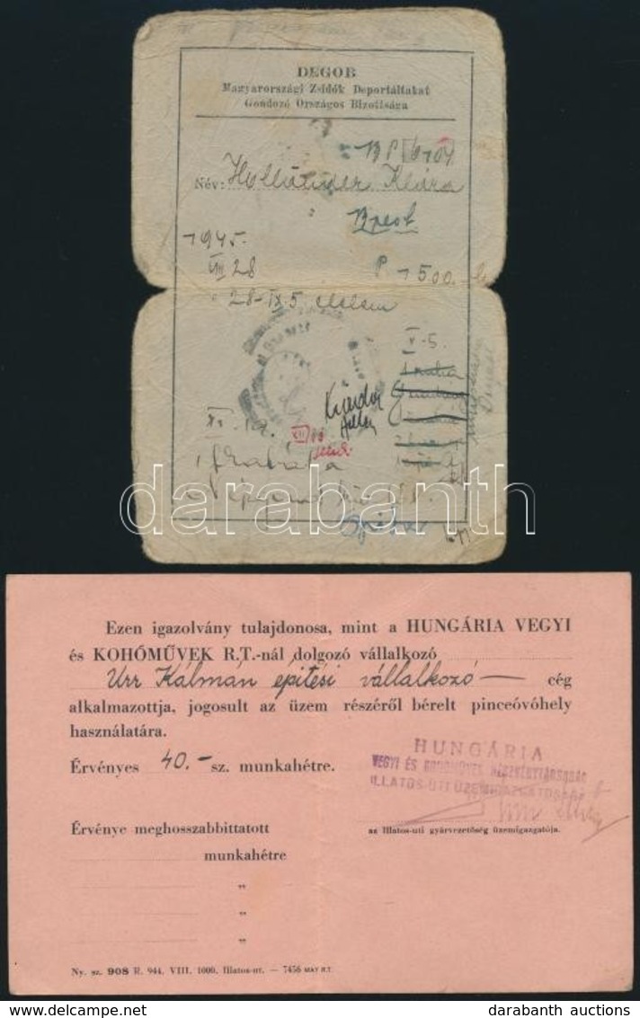 1944-1945 3 Db Igazolvány (DEGOR Magyarországi Zsidók Deportáltakat Gondozó Országos Bizottsága, Hungária Vegyi és Kohóm - Andere & Zonder Classificatie