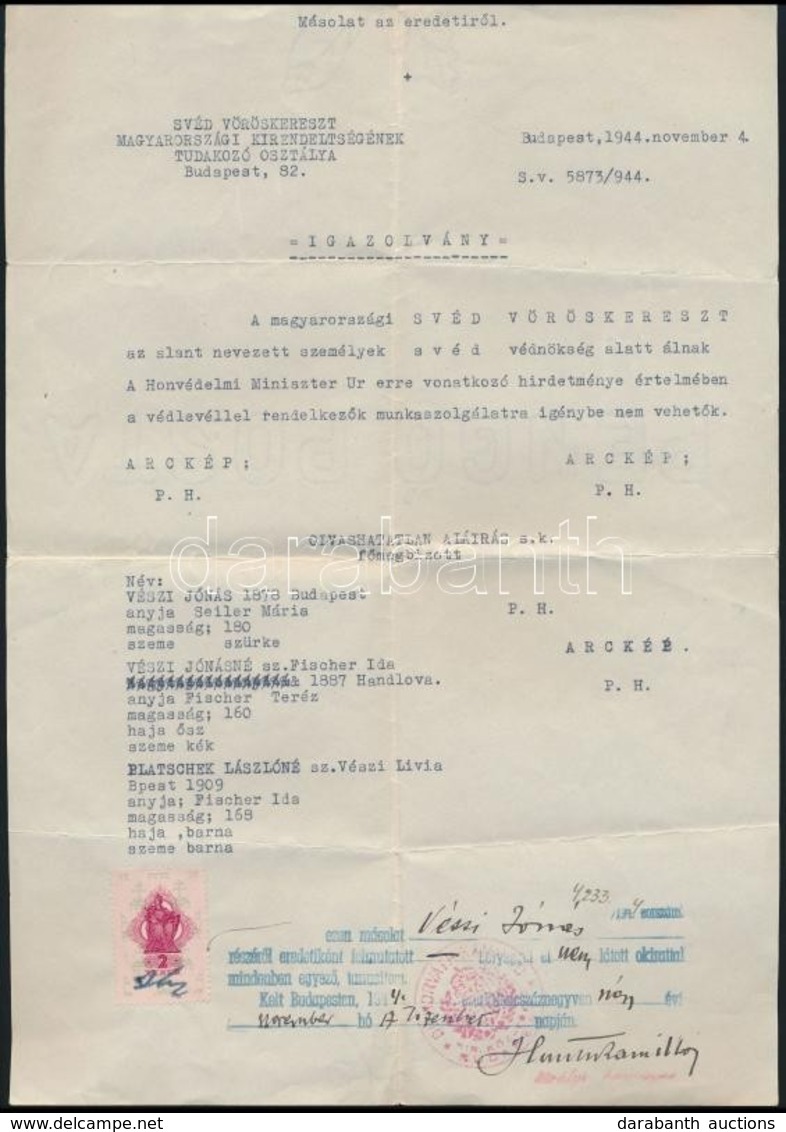 1944 Bp., Svéd Vöröskereszt Magyarországi Kirendeltségének Tudakozó Osztálya által Kiállított Igazolvány Másolat - Andere & Zonder Classificatie