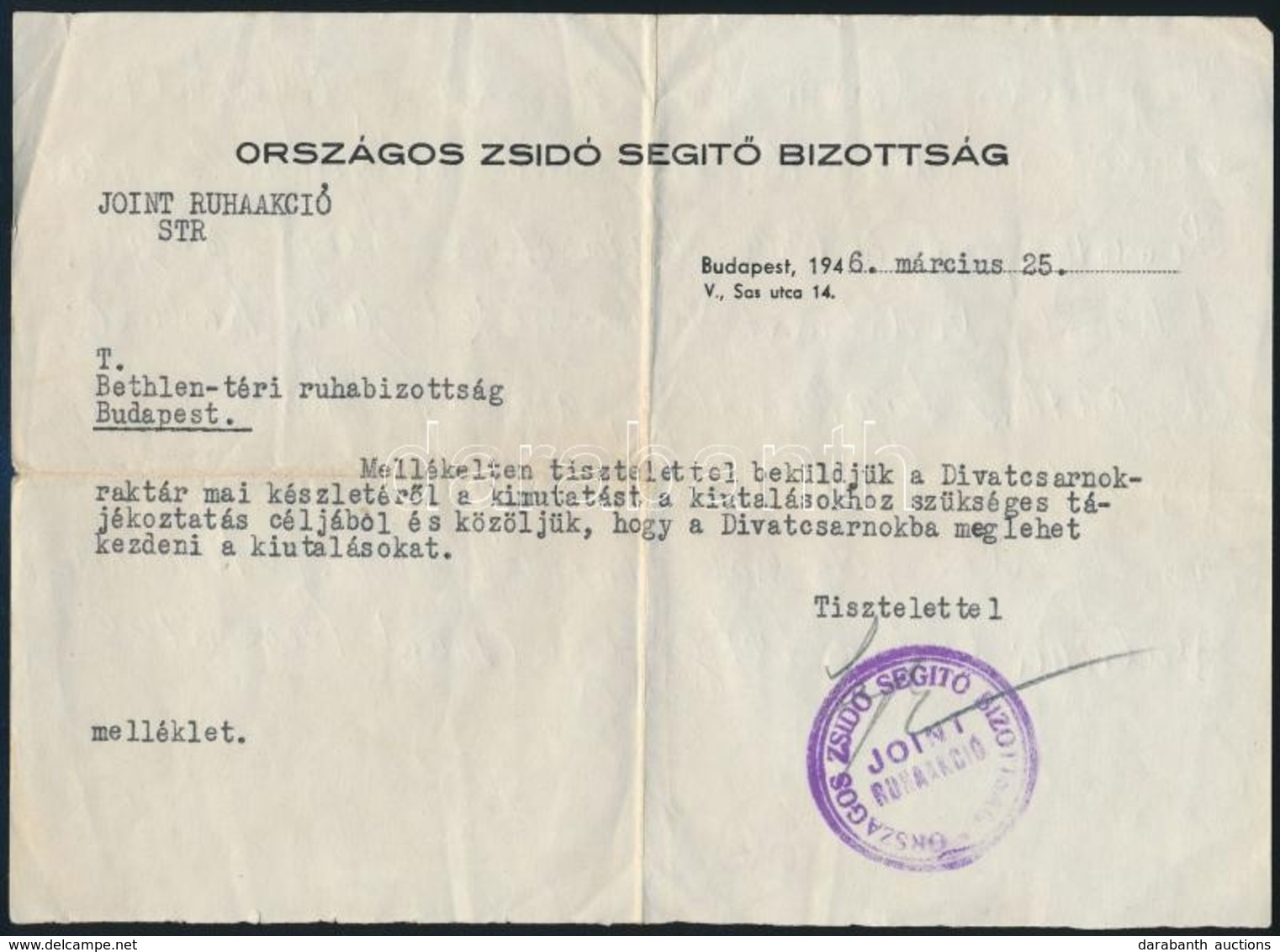 1946 Bp., Az Országos Zsidósegítő Bizottság Joint Ruhaakciójával Kapcsolatos Levél - Andere & Zonder Classificatie