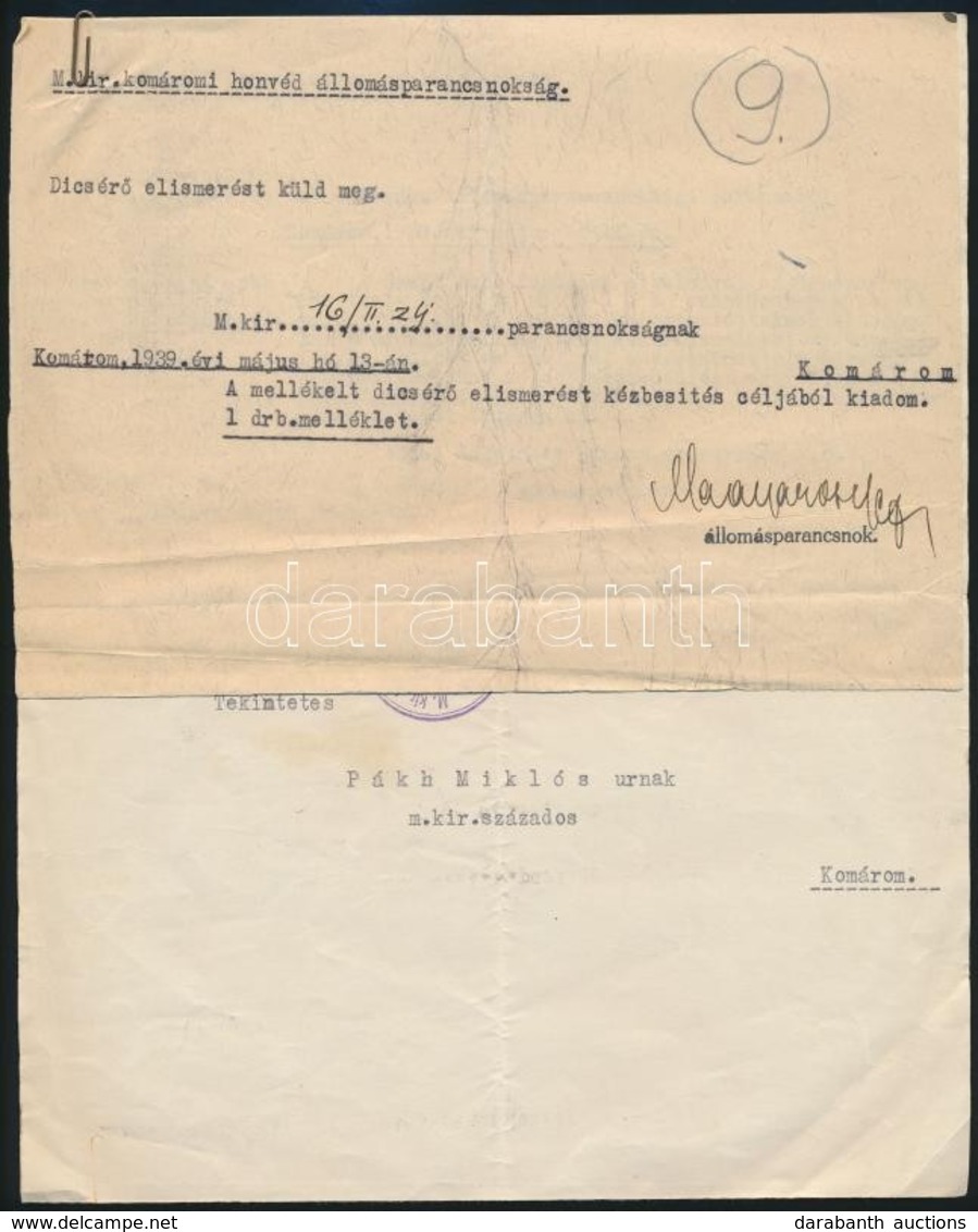1939 Komárom, M. Kir. Honvéd állomásparancsnokság által A Szent Jobb Fogadása Alkalmából Kiadott Dicséret - Andere & Zonder Classificatie