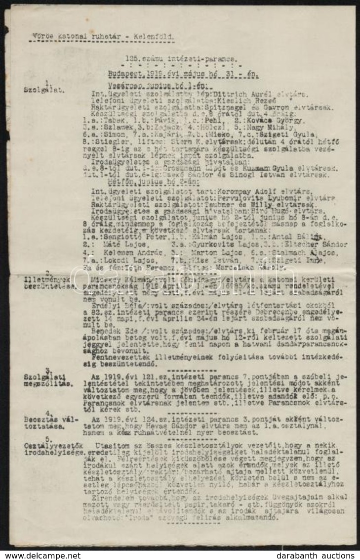 1919 Vörös Katonai Ruhatár Gépelt 125. Számú Intézeti Parancsa, 1919. Május. 31., Aláírások, Pecsét Nélkül, Hajtásnyomok - Andere & Zonder Classificatie