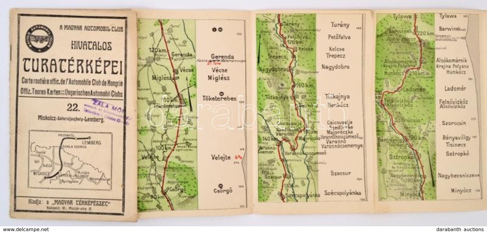 Cca 1900-1910 Miskolc-Sátoraljaújhely-Lemberg, A Magyar Automobil-Club Hivatalos Túratérképei 22., 122×20 Cm - Andere & Zonder Classificatie