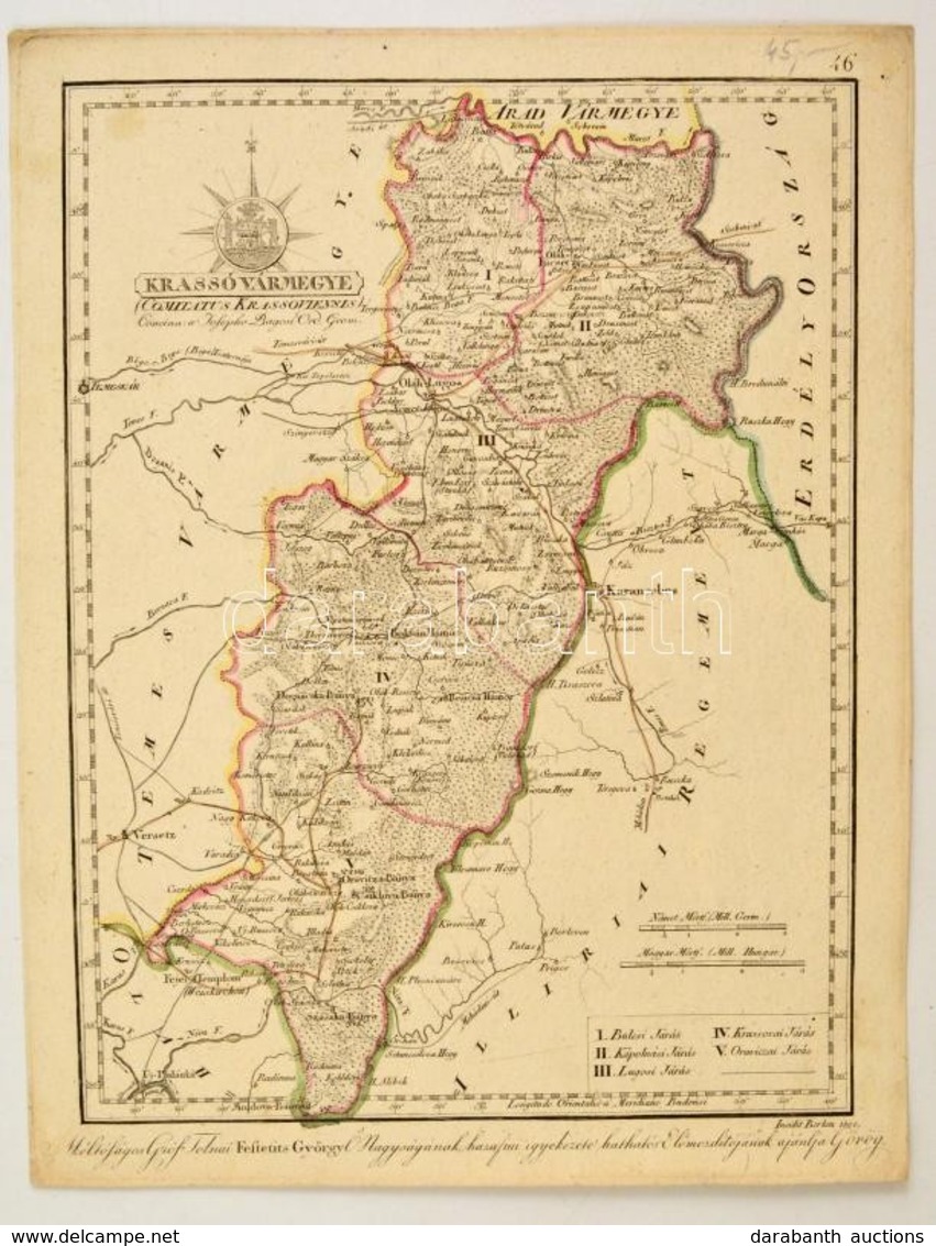 1800 Krassó Vármegye. Comitatus Krassoviensis. Színezett Rézmetszet, Papír, 24x31 Cm A Vármegye Közigazgatási Térképe és - Andere & Zonder Classificatie