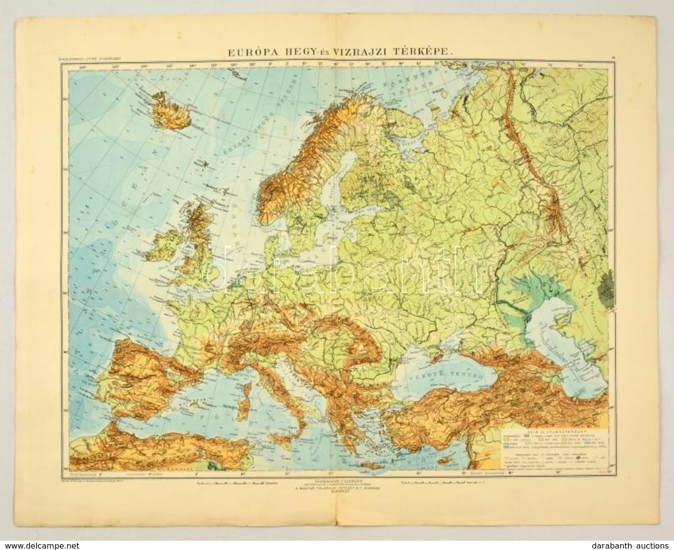 Európa Hegy- és Vízrajzi Térképe, Kiadja: Magyar Földrajzi Intézet Rt., 46×58 Cm - Andere & Zonder Classificatie