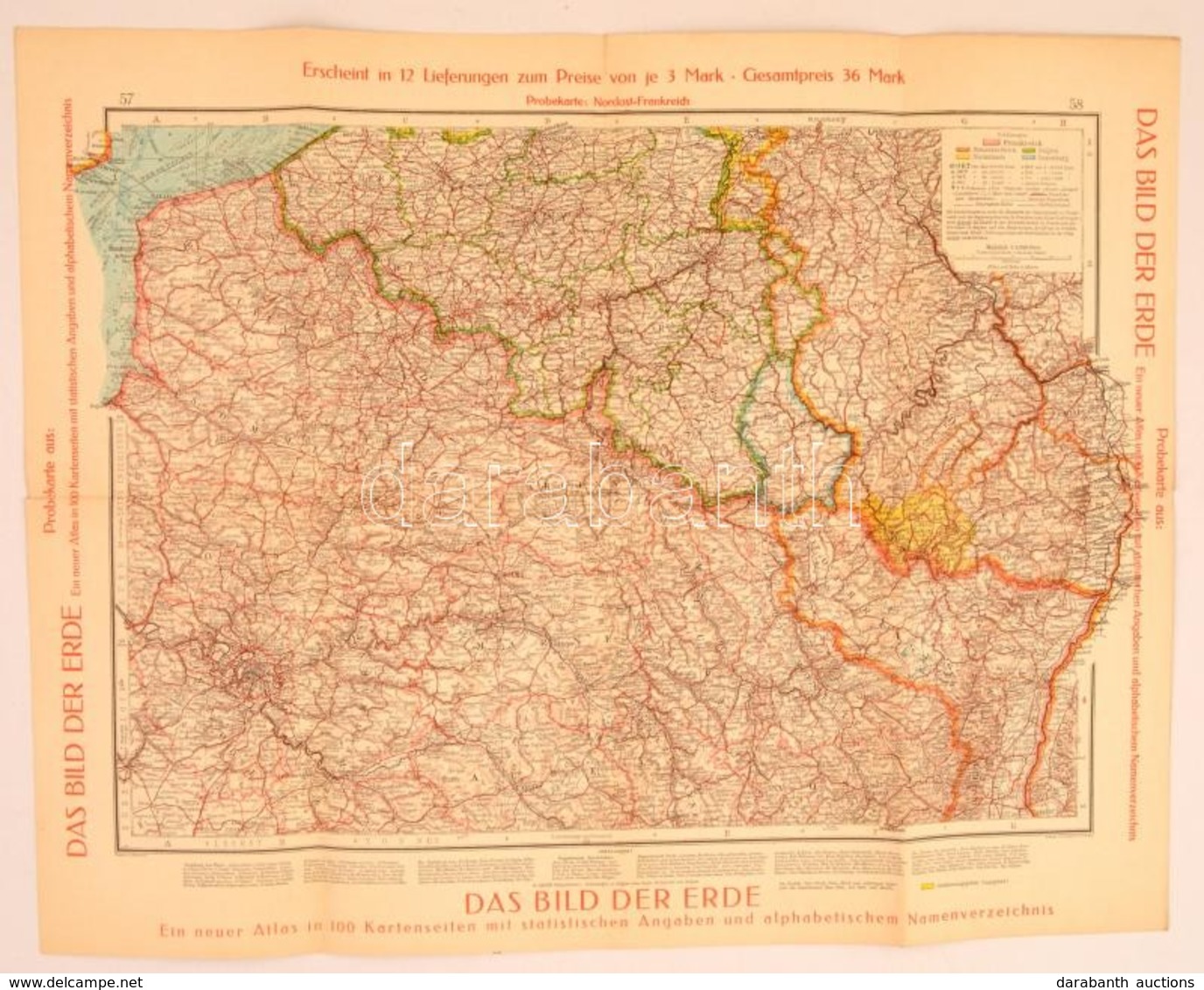 1928 Német Képes Világatlasz Mintatérképe: Északkelet Franciaország 1:1000000 Hajtogatva / Das Bild Der Erde. Probekarte - Andere & Zonder Classificatie