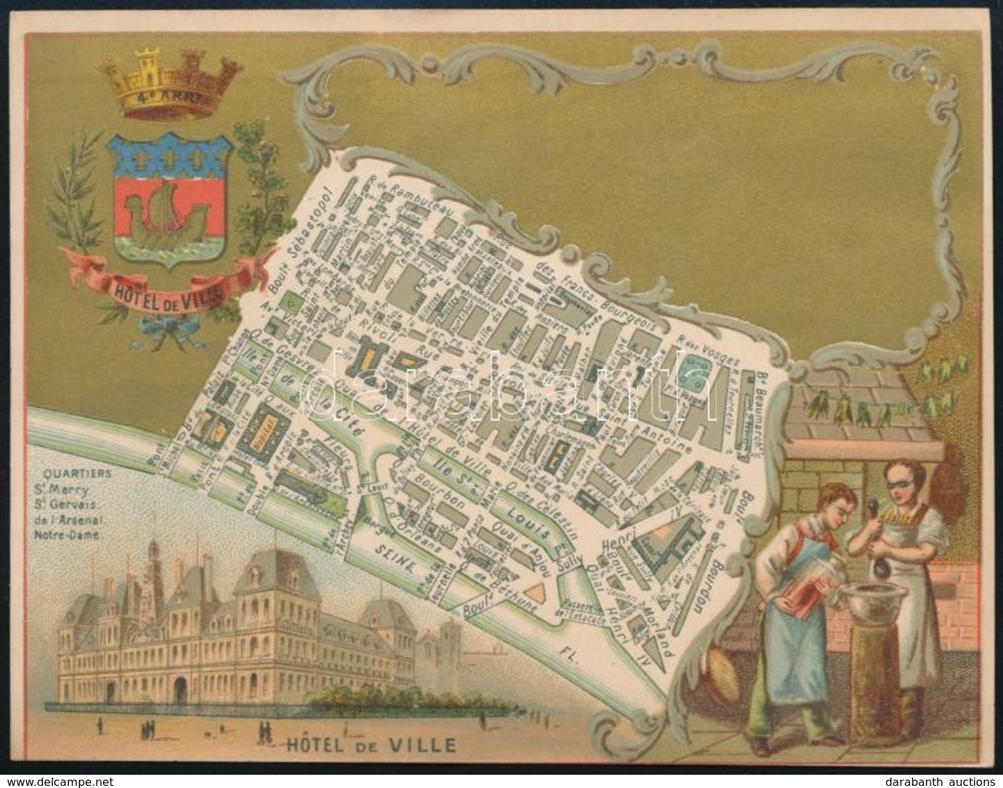 Cca 1890 Párizs IV: Kerület Térképes Litografált Kártya / Paris District 4. Litho Card. 15x12 Cm - Zonder Classificatie