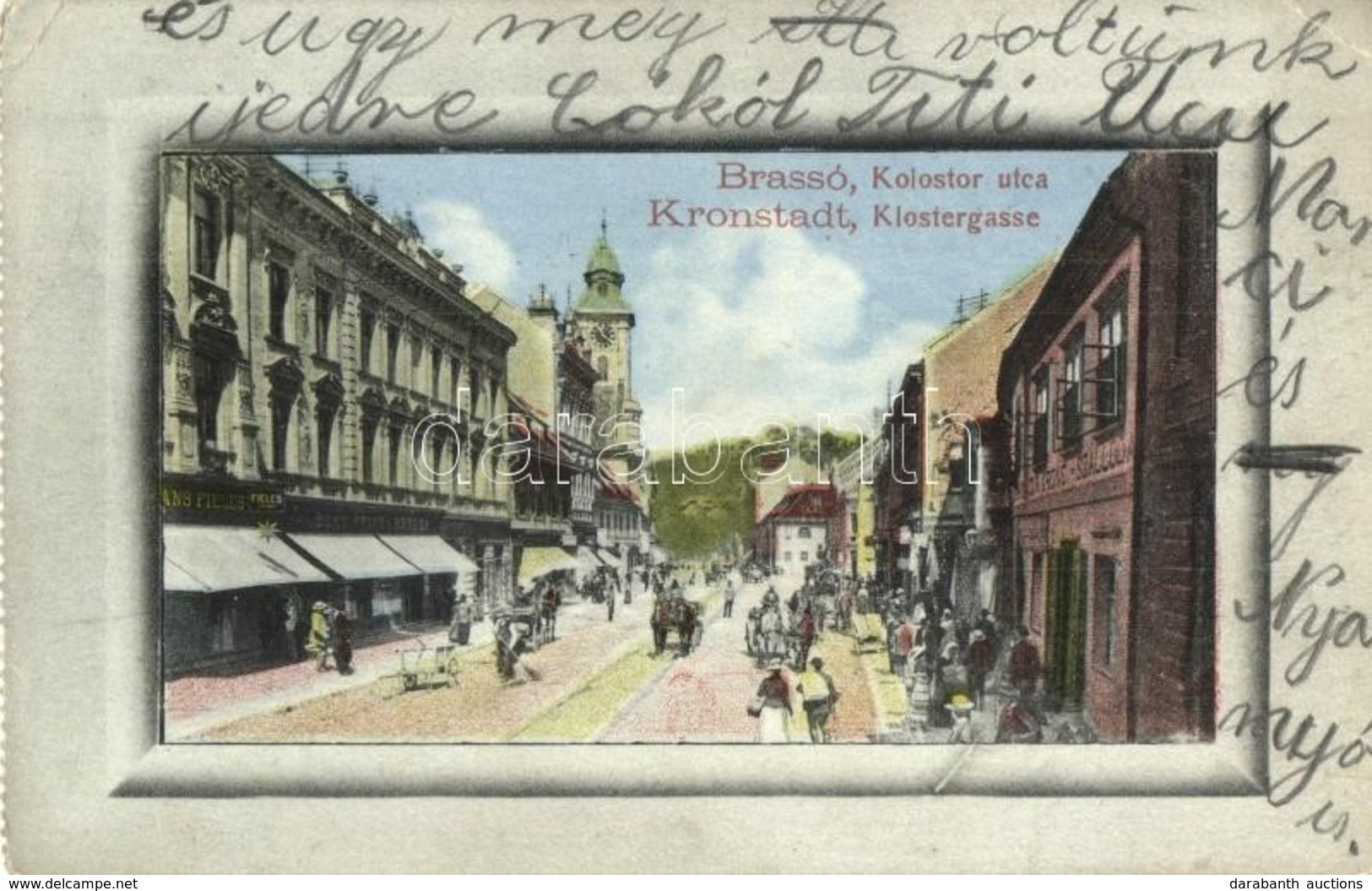 * T2/T3 1914 Brassó, Kronstadt, Brasov; Klostergasse / Kolostor Utca, Korona Szálloda, Fieles János, Spitz Albert üzlete - Zonder Classificatie