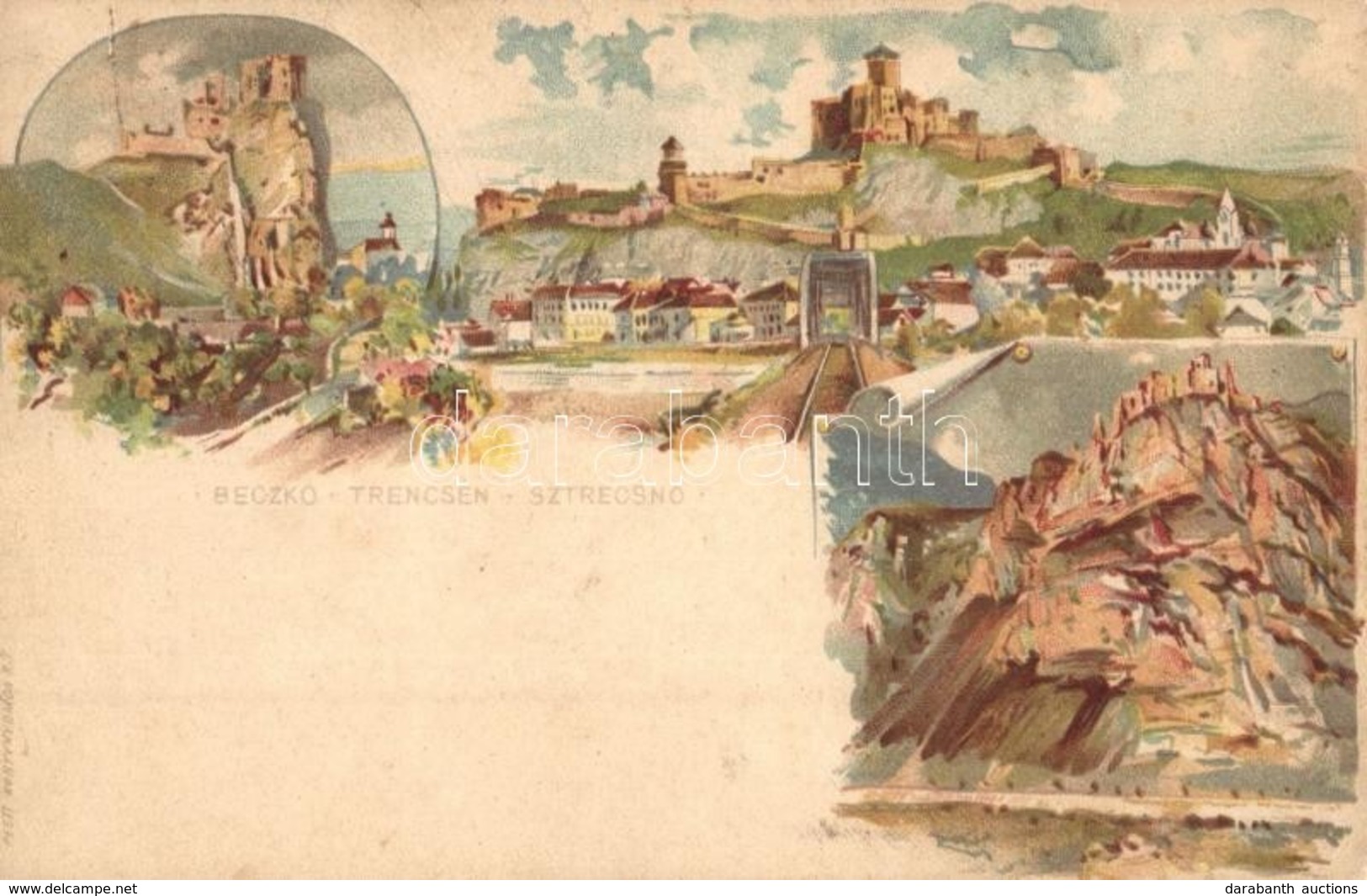 ** T2/T3 Beckó, Trencsén, Sztrecsnó Vár, Kastély / Beckov, Trencín, Strecno Castles. Art Nouveau, Litho. S: Kimnach + Ba - Zonder Classificatie