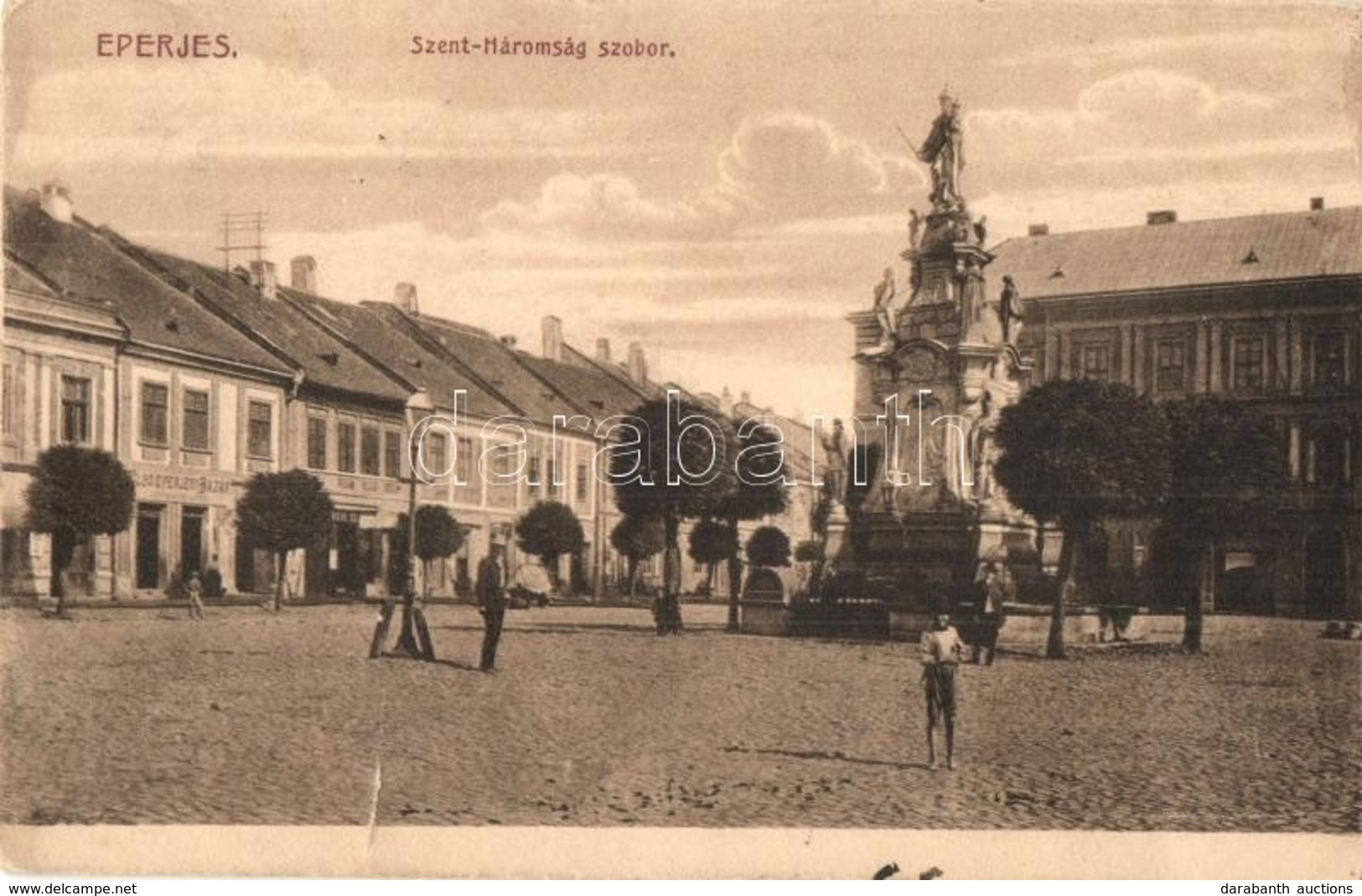 T4 1911 Eperjes, Presov; Szentháromság Szobor, üzletek. Kiadja Divald Károly Fia / Trinity Statue, Shops (b) - Zonder Classificatie