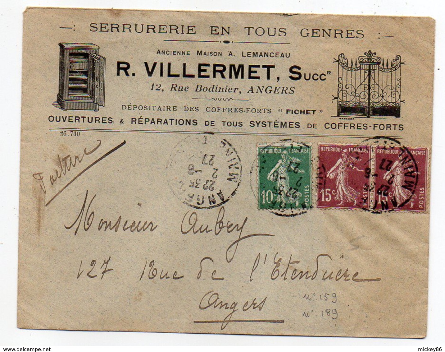 1927-Lettre De ANGERS -49 Pour ANGERS-49-type Semeuse-cachet-Personnalisée R.VILLERMET-Serrurerie-coffres-forts - 1921-1960: Période Moderne