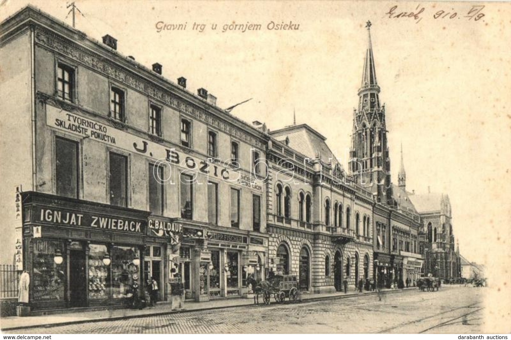 T2 1910 Eszék, Osijek, Esseg; Fő Tér, Templom, Ignjat Zwieback, J. Bozic, G. Baldauf és Philipp Fischer üzlete / Glavni  - Zonder Classificatie