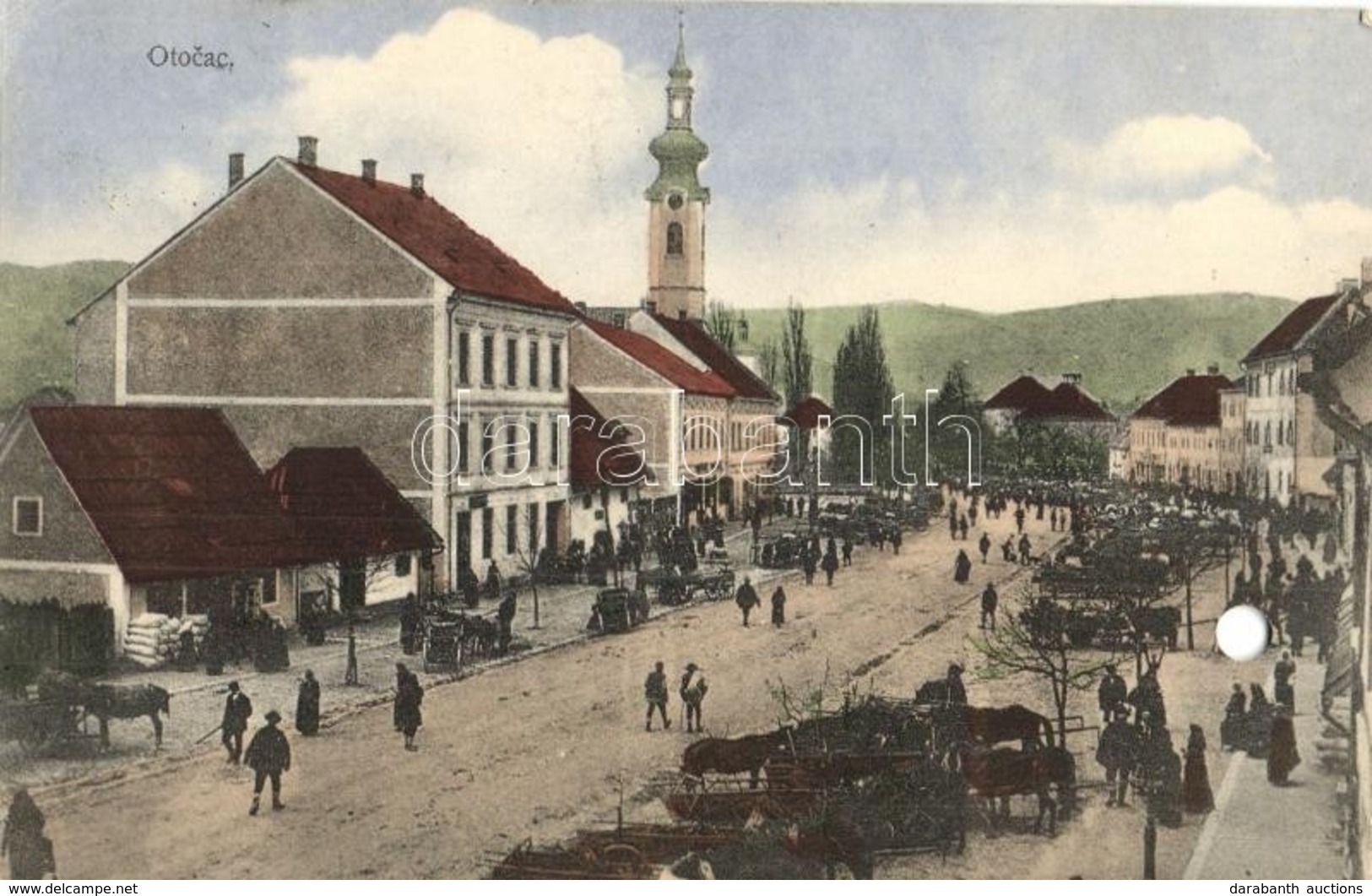 T3 1914 Otocsán, Otocac; Fő Utca, Piaci árusok, üzletek, Templom. Kiadja D. Vuksan / Main Street, Market Vendors, Shops, - Zonder Classificatie