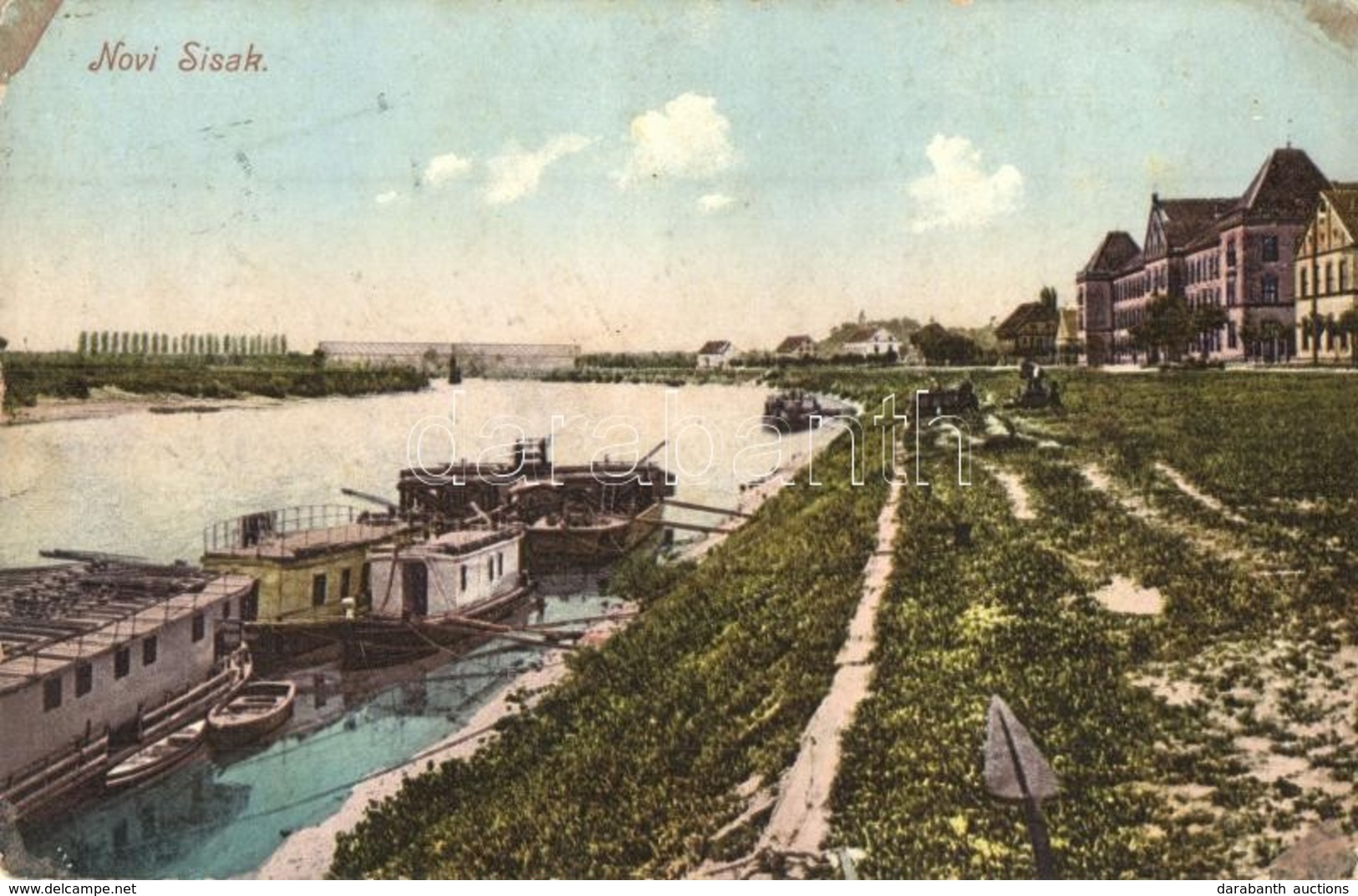 T3 Újsziszek, Novi Sisak (Sziszek, Sisak); Látkép, Híd, Kikötő. Kiadja Janko Dujak / Bridge, Port, Ships (EK) - Zonder Classificatie