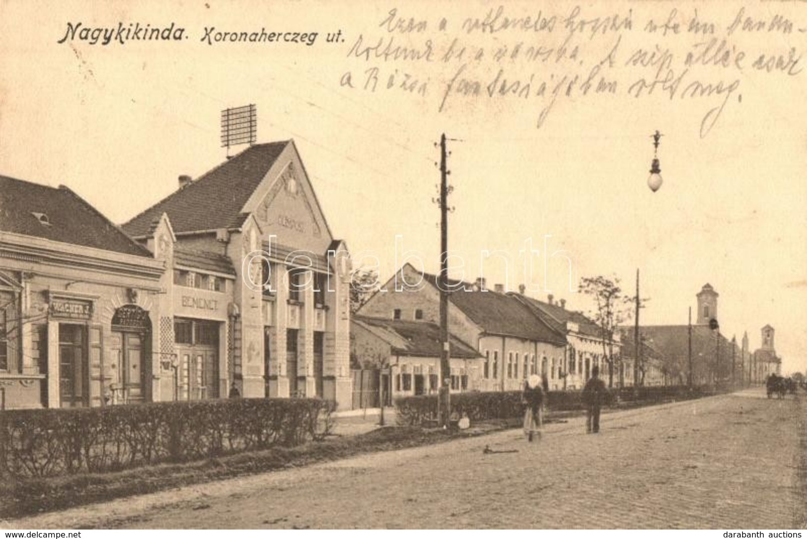 T2/T3 1915 Nagykikinda, Kikinda; Koronaherceg út, Wagner J. és Gertig J. Bádogos üzlete, Olimpos Mozi / Street, Shops, C - Zonder Classificatie