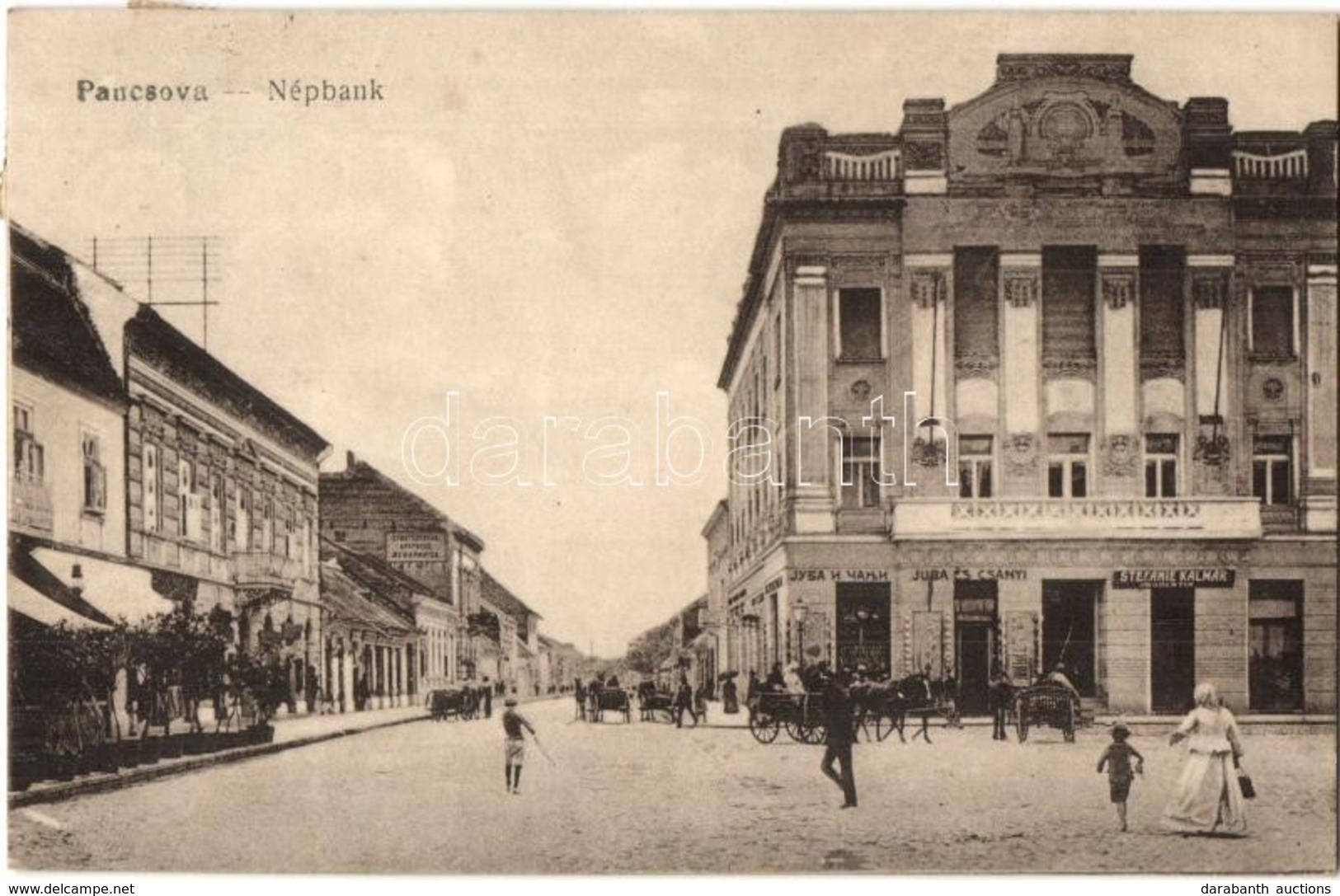 T2 Pancsova, Pancevo; Népbank, Gyógyszertár, Juba és Csányi és Stefanie Kalmár üzlete / Street View With Shops, Bank And - Zonder Classificatie