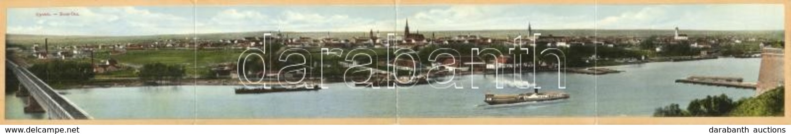 T2/T3 1911 Újvidék, Novi Sad; 4-részes Kihajtható Panorámalap, Rajta Vasúti Híd, Templomok, Zsinagóga. Kiadja Singer J.  - Zonder Classificatie