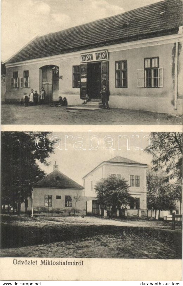 T2 1914 Miklóshalma, Miklósfalu, Nickelsdorf; Nitsch Dezső üzlete, Iskola és Jegyző / Schule, Notariat, Geschäft / Shop, - Zonder Classificatie