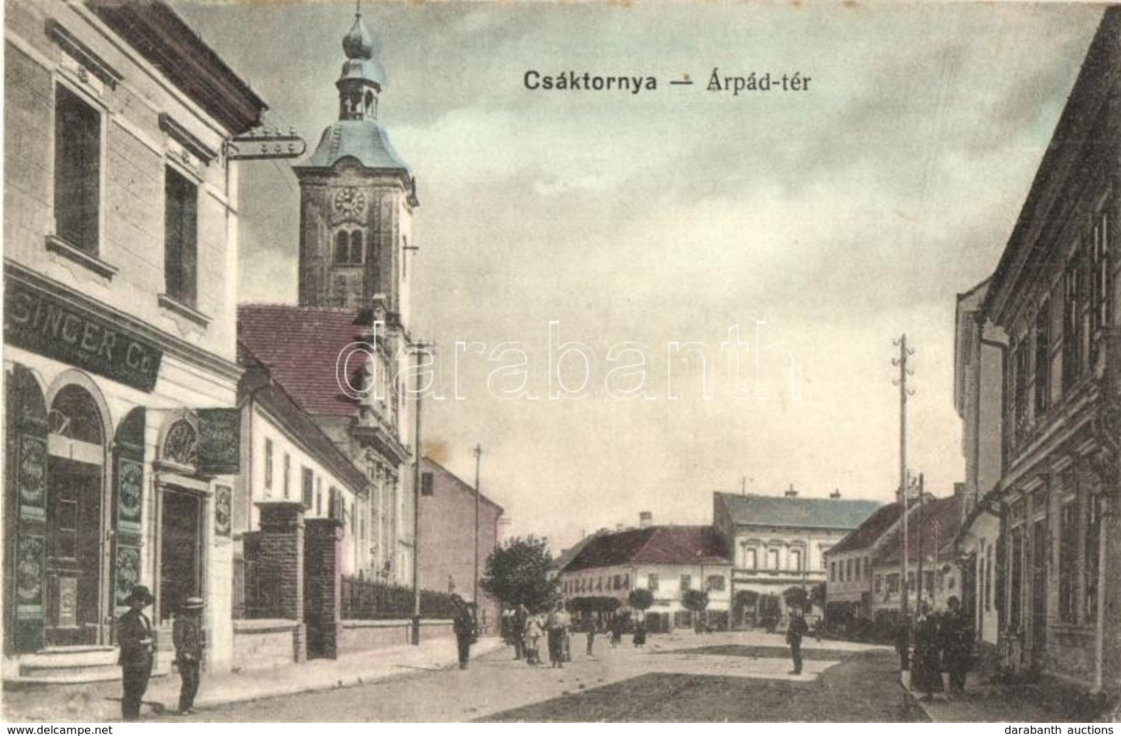 * T2/T3 Csáktornya, Cakovec; Árpád Tér, Templom, Singer Co. üzlete / Square, Church, Shop - Zonder Classificatie