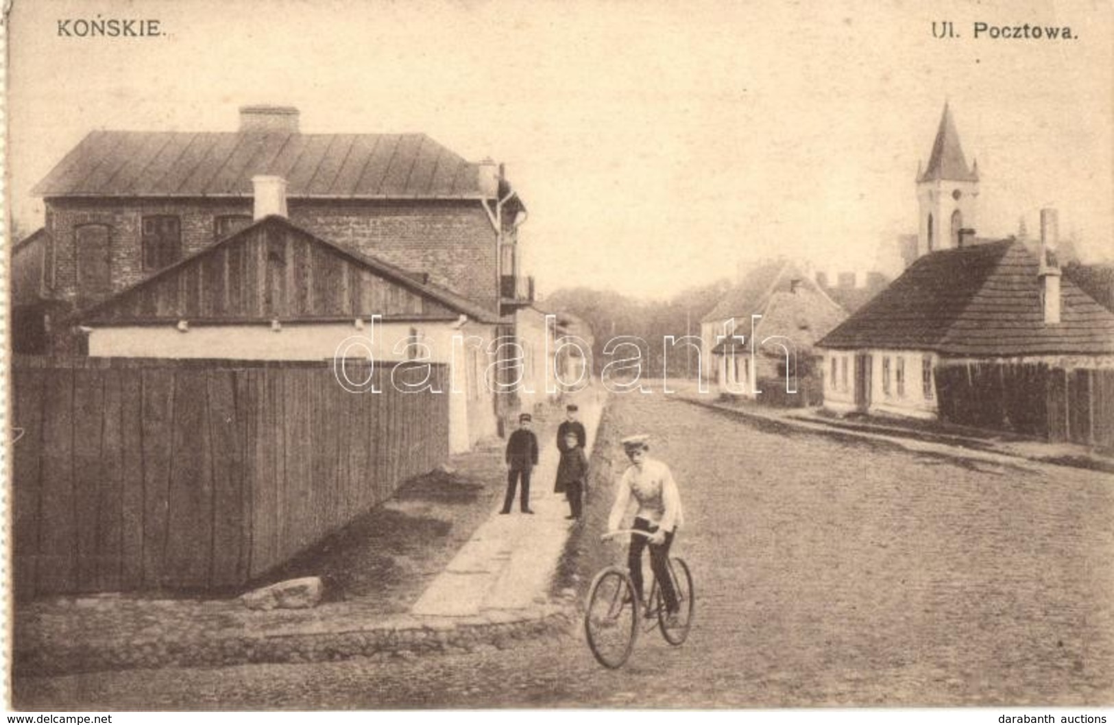 ** T2/T3 Konskie, Ul. Pocztowa / Street View, Church, Bicycle - From Postcard Booklet - Zonder Classificatie