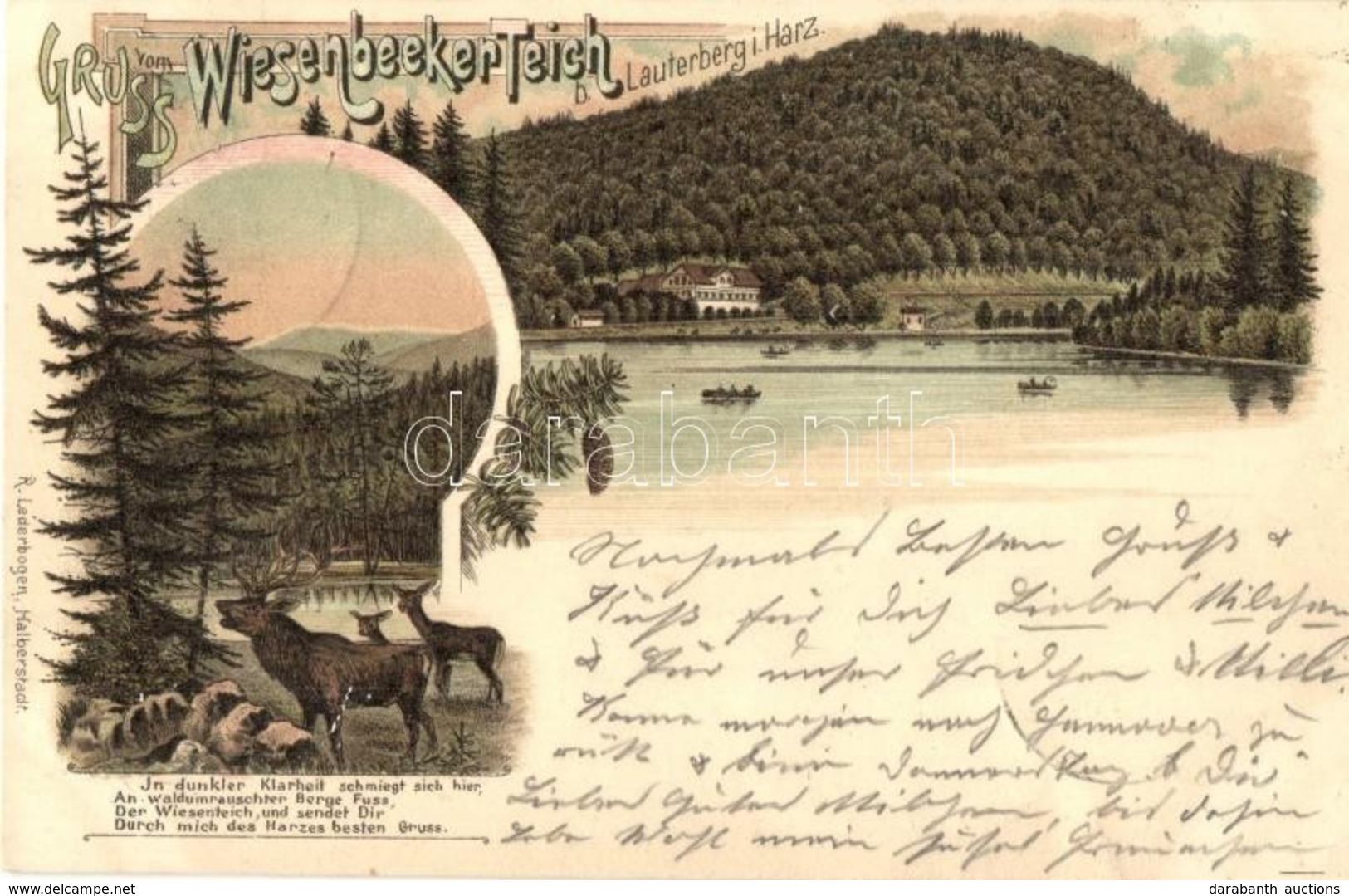 T2 1897 (Vorläufer!) Bad Lauterberg Im Harz, Wiesenbeker Teich / Lake, Deer. Floral, Litho - Zonder Classificatie