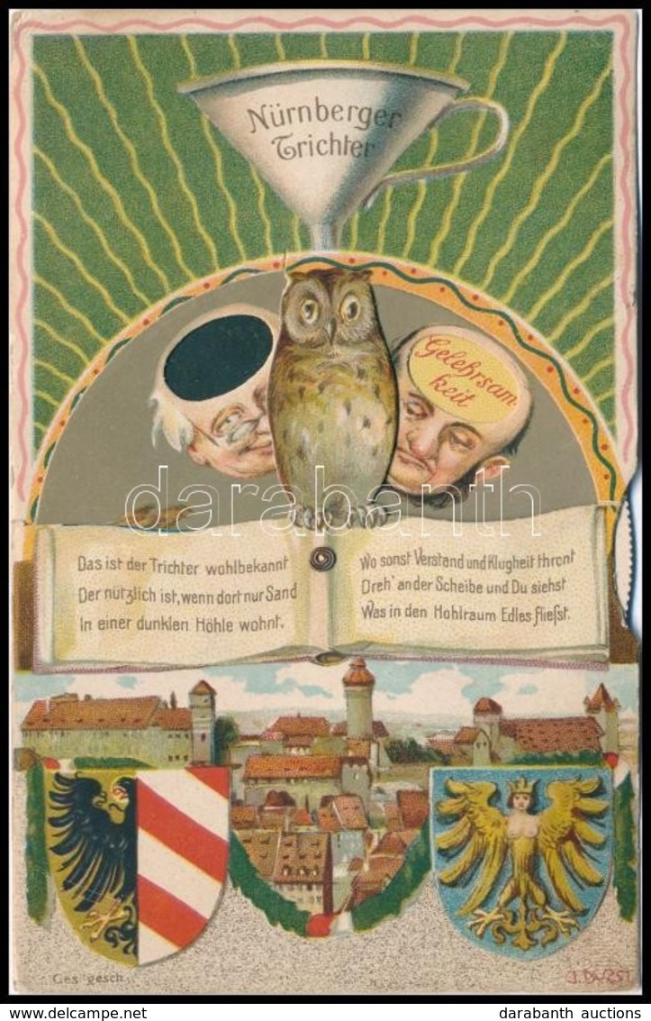 T2 1930 Nürnberg, Nuremberg; Nürnberger Trichter / Humorous Mechanical Art Postcard With Coat Of Arms. Litho - Zonder Classificatie