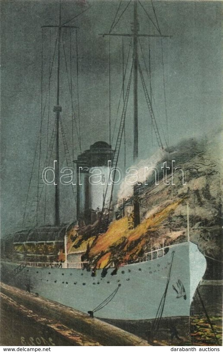 ** T1/T2 Constanta, Vaporul Dacia In Flacari De Foc / Burning SS Dacia During The Explosion - Unclassified