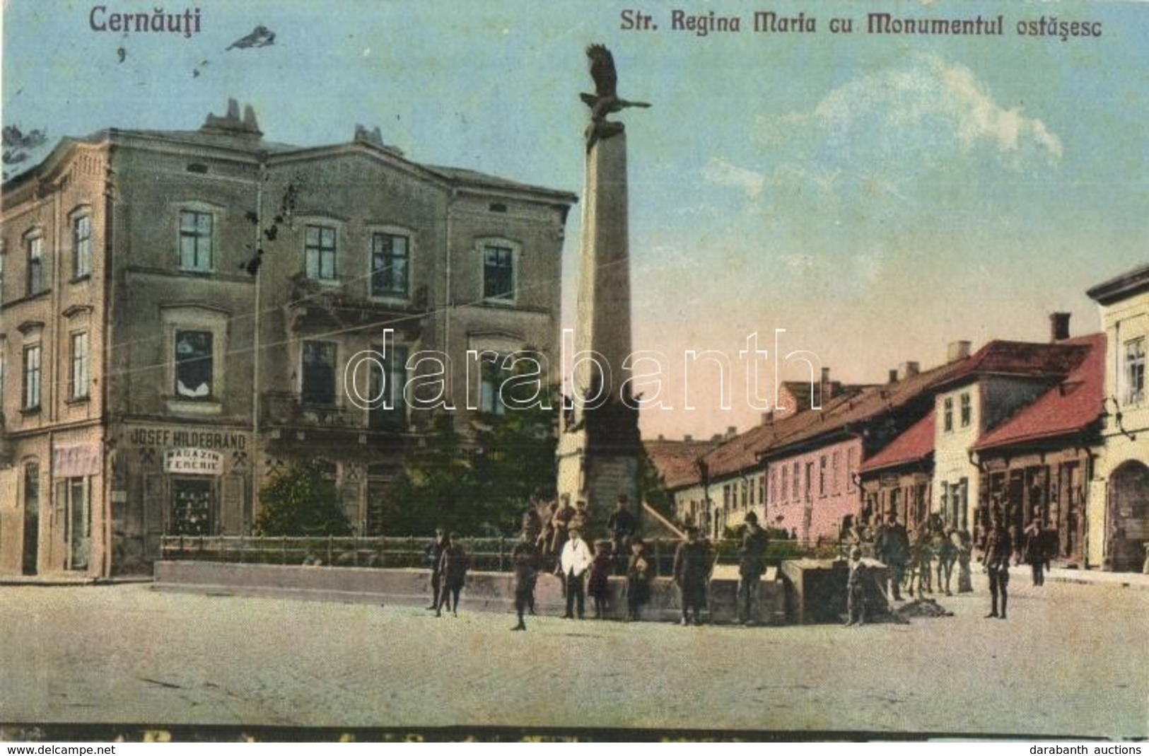 T2 Chernivtsi, Cernauti, Czernowitz; Str. Regina Maria Cu Monumentul Ostasesc / Street View With Monument, Shop Of Josef - Zonder Classificatie