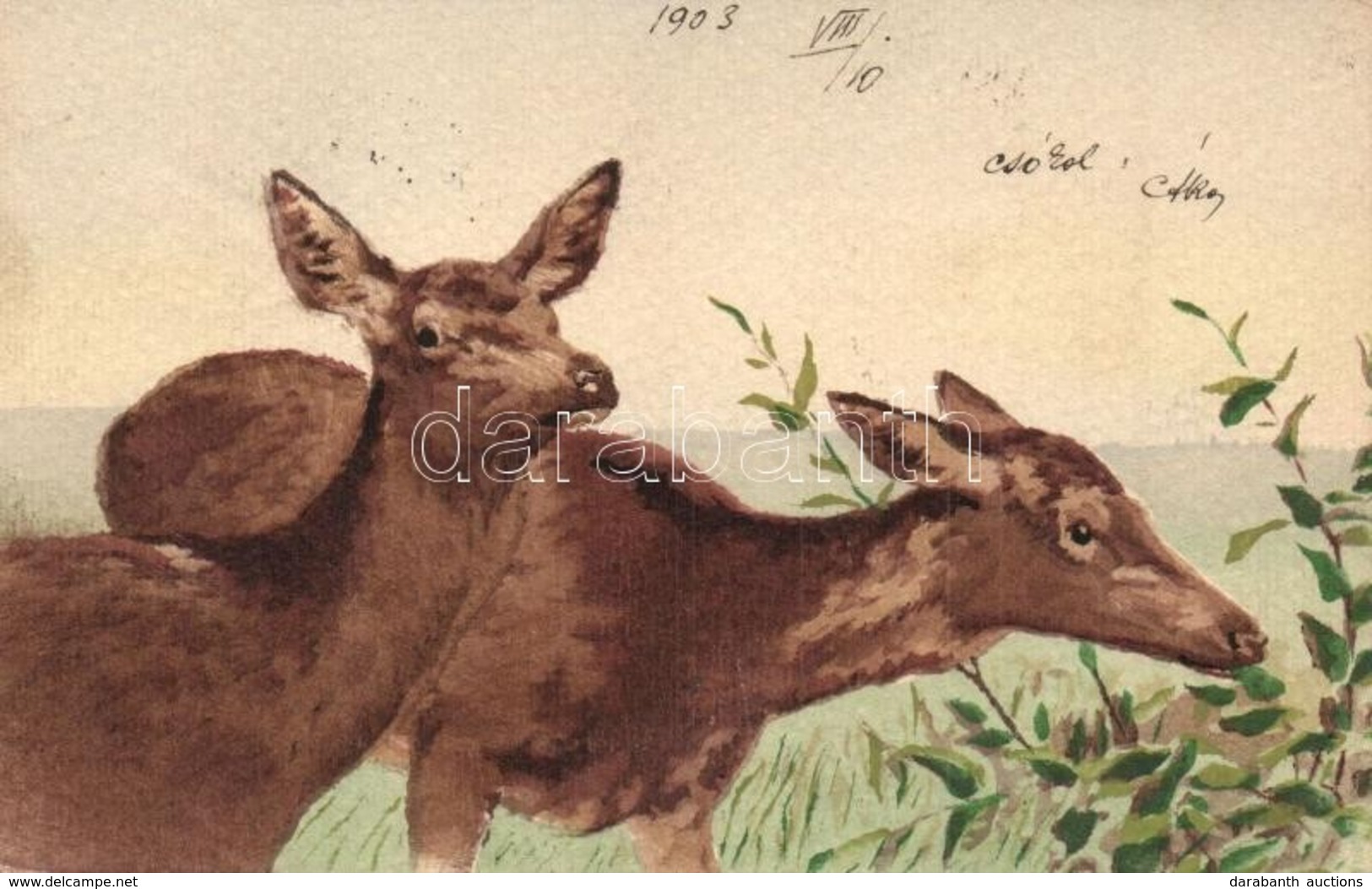 T2/T3 1903 Hand-painted Greeting Card With Deer (EK) - Zonder Classificatie