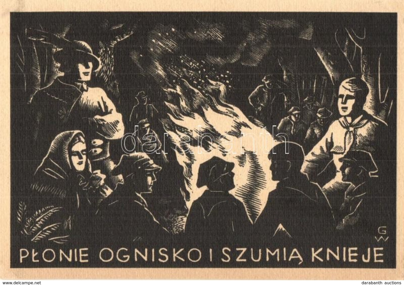 ** T2/T3 Plonie Ognisko I Szumia Knieje / Polish Scout Art Postcard, Sitting By The Campfire S: Wincentego Gawron (EK) - Zonder Classificatie
