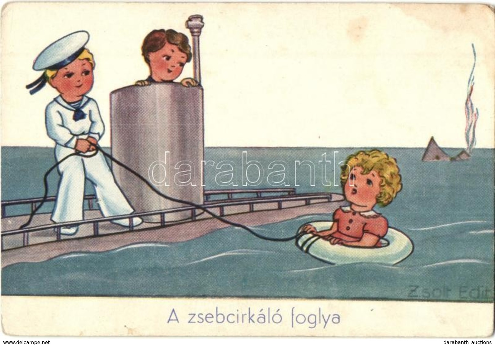 ** T2/T3 A Zsebcirkáló Foglya / Submarine, Children, Humorous Art Postcard, S: Zsolt Edit (kopott Sarkak / Worn Corners) - Zonder Classificatie