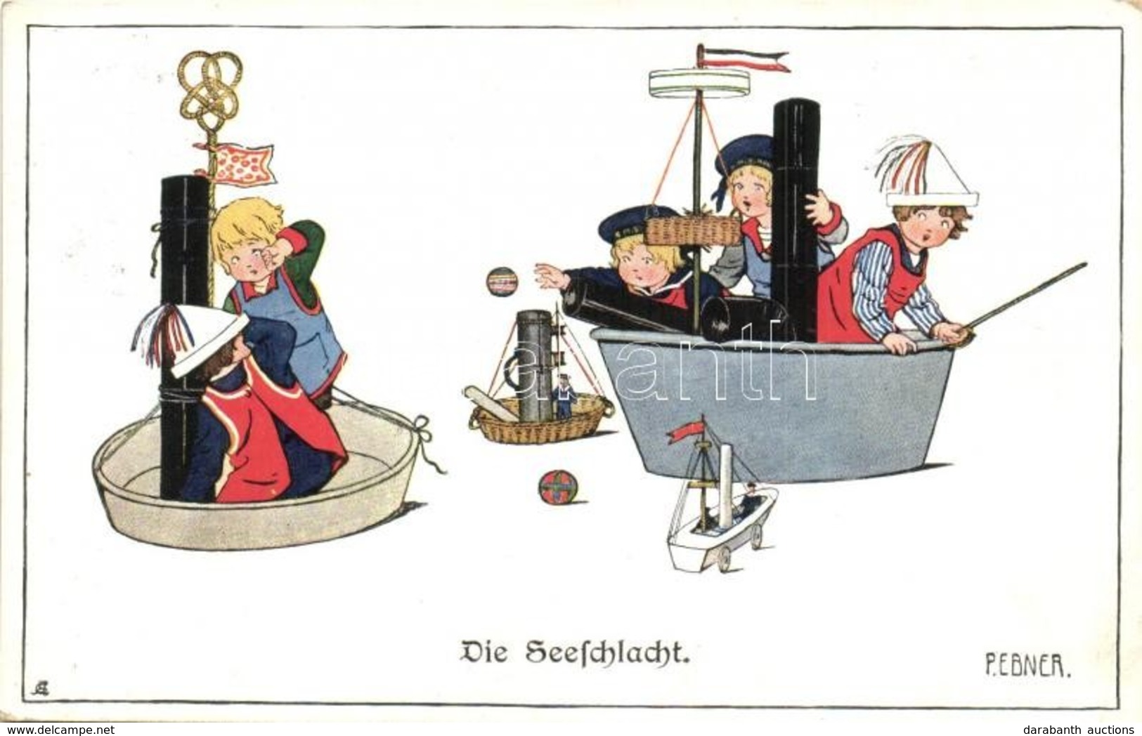 T2 Die SeeSchlacht / German Navy Humour, Children, Art Postcard, M. Munk Nr. 944, S: Pauli Ebner + K. U. K. Matrosenkorp - Zonder Classificatie