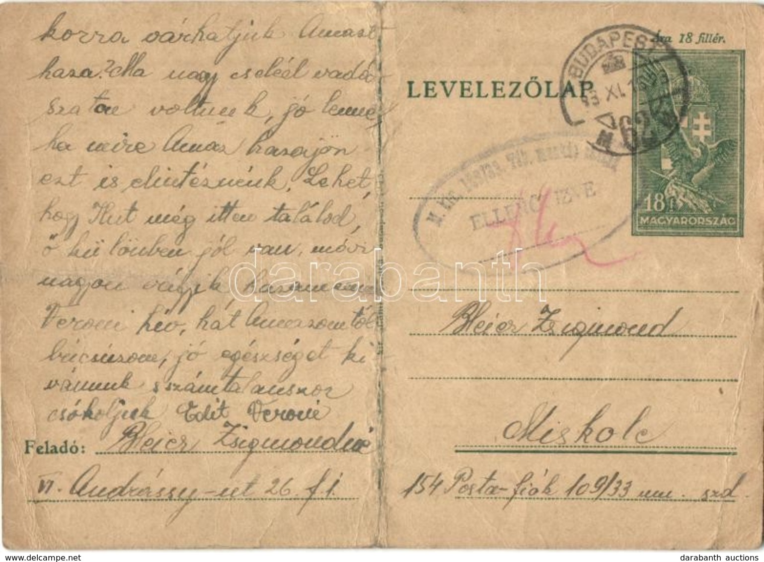 T4 1943 Bleier Zsigmondné Levele Férjének Bleier Zsigmond Zsidó KMSZ-nek (közérdekű Munkaszolgálatos) 109/33. A Miskolci - Zonder Classificatie