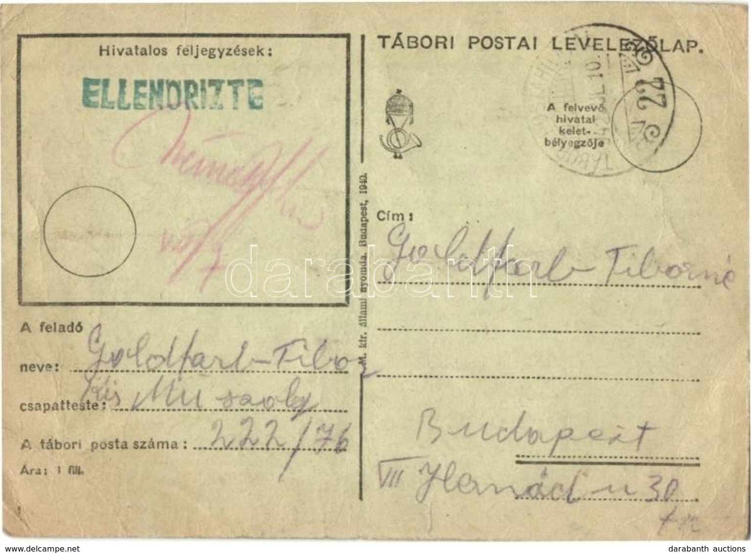 1942 2 Db Levél Goldfarb Tibor Zsidó KMSZ-től (közérdekű Munkaszolgálatos) A 222/76 és 78. Munkatáborból Anyjának és Fel - Zonder Classificatie
