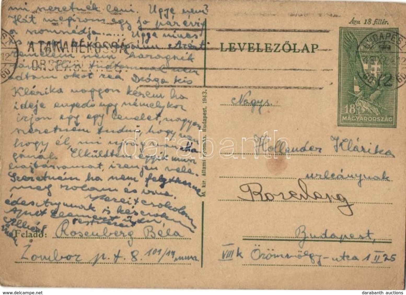 T2/T3 1943 Rosenberg Béla Zsidó KMSZ (közérdekű Munkaszolgálatos) Levele Holländer Klárika úrleánynak A Zombori Munkatáb - Zonder Classificatie