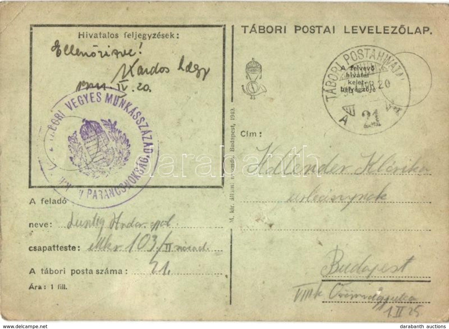 T3 1941 Lusztig Andor Zsidó KMSZ (közérdekű Munkaszolgálatos) Levele Holländer Klárinak A Munkatáborból. 103/II. Sz. / W - Zonder Classificatie
