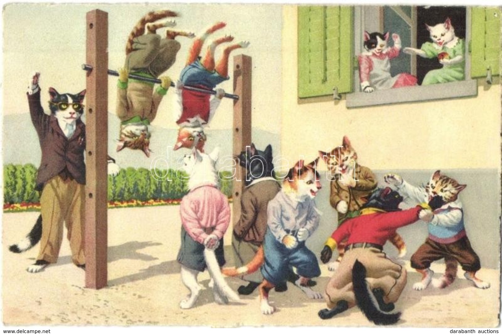 * T2/T3 Cats Exercising At The Cat Schoolyard, Physical Education. Max Künzli No. 4571. - Modern Postcard (ragasztónyom  - Zonder Classificatie